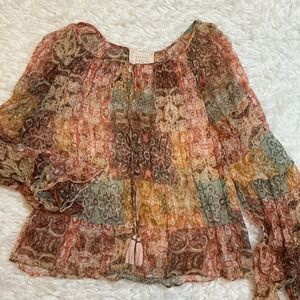 Johnny Was Jade Silk Patchwork Print Blouse Small Boho Bell Sleeve Tassel Tie